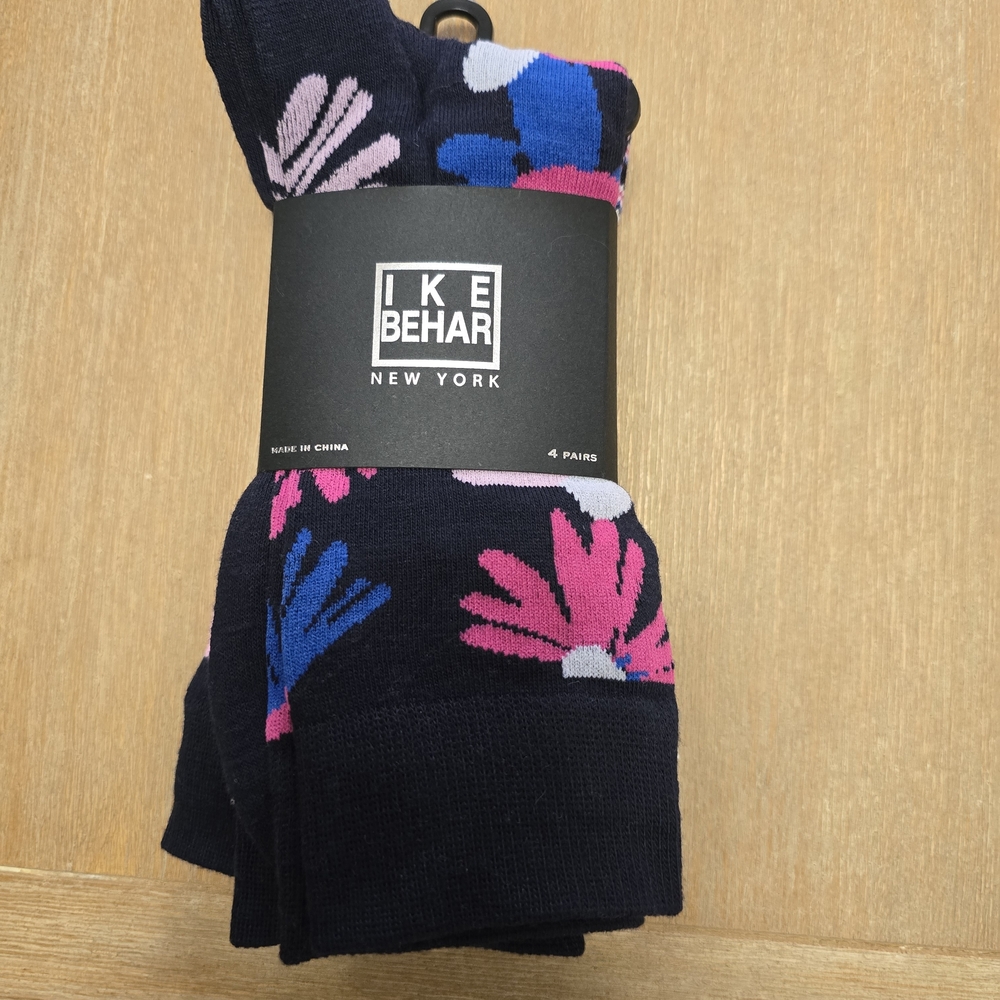 Ike Behar Women's Black Socks with Pink and Blue Floral Design